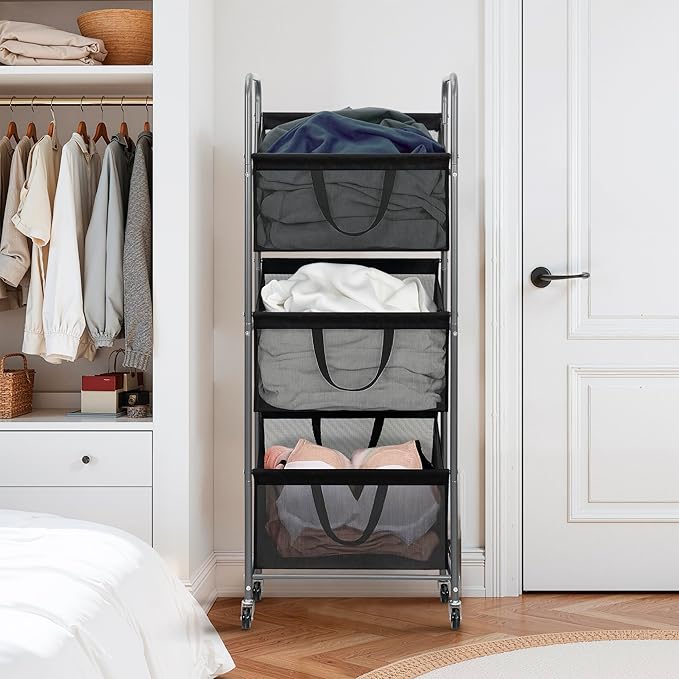 STO STO 3-Tier Vertical Rolling Laundry Hamper with Removable Bags, 120L Stackable Laundry Sorter Basket, Clothes Hamper with Wheels for Small Spaces, Closet, Bedroom, Bathroom, Laundry Room, Black