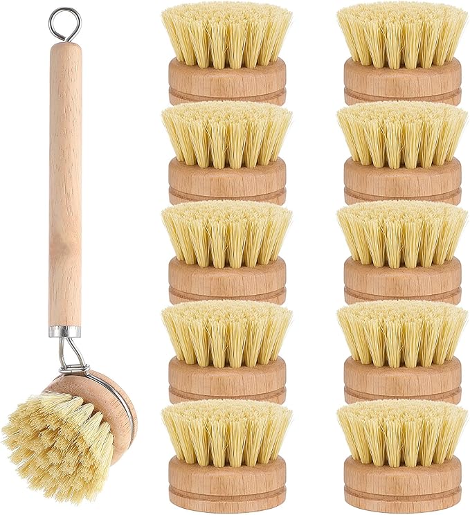 11 Pcs Bamboo Dish Brush Set, Multifunctional Bamboo Dishwashing Scrub Brush with Natural Sisal Bristles, Wooden Handle Dish Brush with Replacement Heads for Cleaning Pots Dishes Pans Vegetables