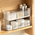 PAVSTINE 2-Tier Stackable Medicine Cabinet Organizer, Narrow Bathroom Makeup Organizer with Lipstick Holders & Cotton Swab Cases, Clear Countertop Shelf for Mirror Cabinet and Vanity