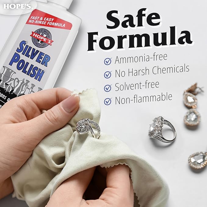 HOPE'S Silver Polish & Cleaner – Protective Tarnish Remover – Odorless – Safe & Gentle – No-Rinse Formula – Fast & Easy – Free of Harsh Chemicals – Will not Scratch – 8 Fl Oz