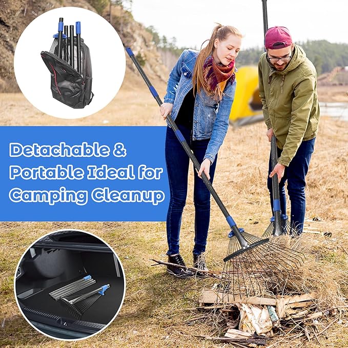 Adjustable Garden Rake for Leaves-Heavy Duty Metal Rake with 8-17" Expandable Head,Long Handle Lawn & Yard for Grass, Shrubs,Flower Beds,Camping,Outdoor Cleaning, Women & Kids