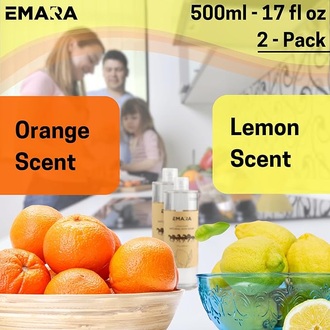 EMARA All-Natural, Non-Toxic Dish Soap Liquid - 17 fl oz (500ml) - Hypoallergenic, Organic, Cuts Grease & Food Residue, Lemon and Orange Scent, Pack of 2