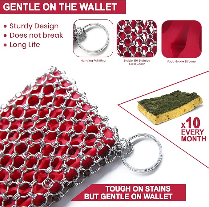 Cast Iron Scrubber Chainmail - 316L Cast Iron Cleaner Scrubber and Bamboo Cloth Set - Chain Mail Scrubber - Stainless Steel Chainmail Scrubber for Skillet, Pan, Dutch Oven - Essential Accessory