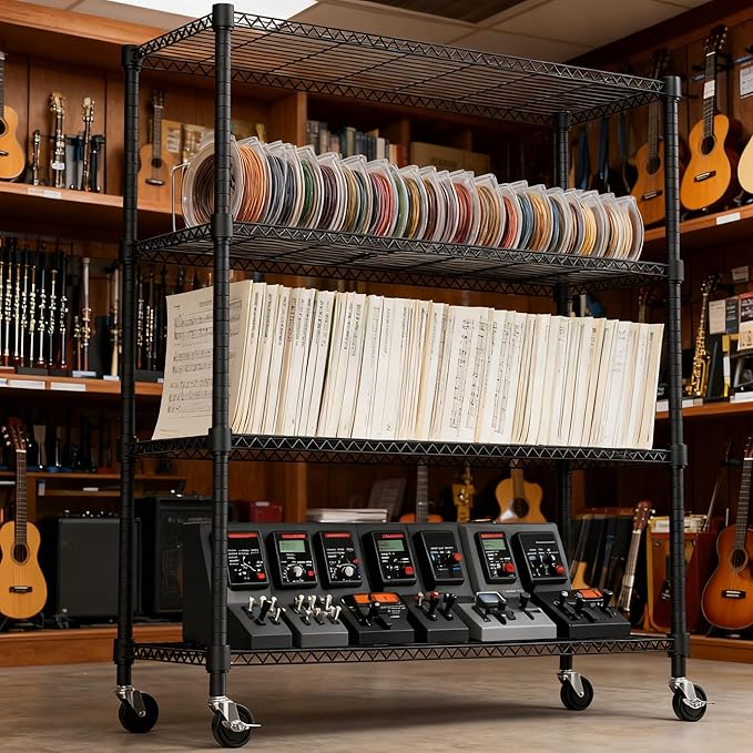 M MZG 1400LBS 47.2" W 4 Tiers Storage Shelves Metal Shelving Unit with Wheels Heavy Duty Garage Shelving Adjustable Wire Shelves for Pantry,Kitchen,Garage,Basement,Black 17.7" D x 47.2" W x 62.7" H