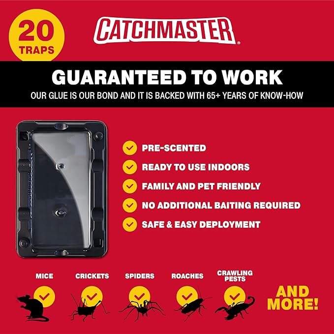 Catchmaster Mouse & Insect Glue Traps 20-Pk, Adhesive Rodent & Bug Catcher, Mouse Traps Indoor for Home, Sticky Glue Boards for Mice and Insects, Pest Control for House & Garage