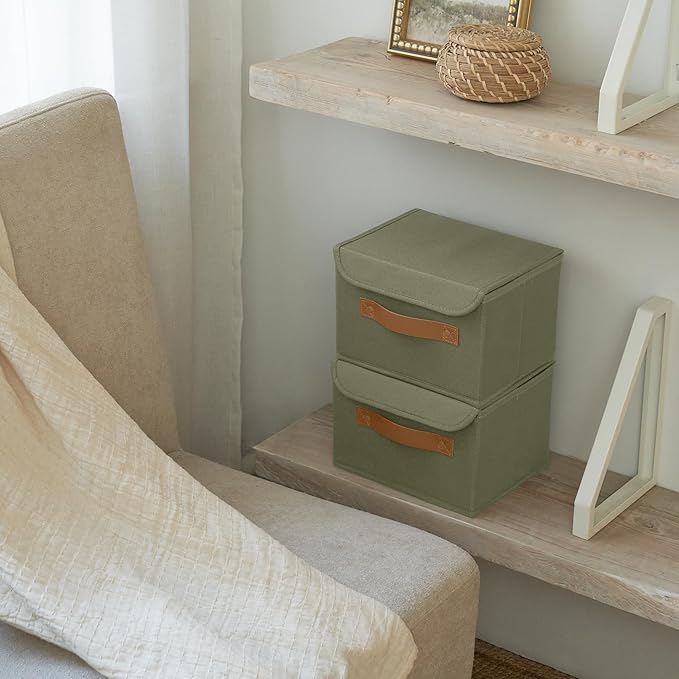 Decorative Linen Storage Boxes with Lids - Spacious Set of 2 Organizer Bins for Your Home Decor - The Perfect Small Container to Safely Store Photos, Documents and Memory Box Keepsakes in Style