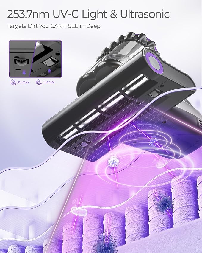 MayKing Mattress Vacuum Cleaner, 16kPa Pro Deep-Clean Bed Vacuum Cleaner with 33000 RPM/Min & 253.7nm UV-C Light, Handheld Vacuum with HEPA Filter, Ultrasonic & 149℉ Heat for Bed Sofa Crib, Model MV02