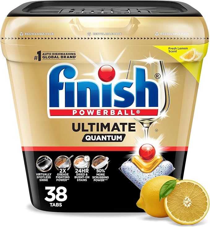 Finish Ultimate Quantum Dishwasher Pods, New & Improved Formula, Dishwasher Detergent Dish Soap, Removes Burnt-On & Dried-On Stain, Degreasing & Scrubbing Power, Lemon Scent, 38 Count