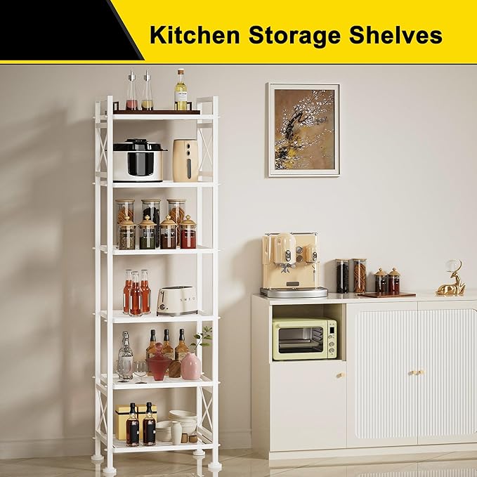 GIOTORENT Pantry Storage Shelves, 6-Tier Metal Storage Rack with X-Shaped Side Frame, Heavy-Duty Wire Shelf for Kitchen, Bathroom, Laundry Room, 120lb/Layer, White Standing Shelves