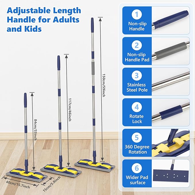 Microfiber Mops for Hardwood Floor Cleaning: MEXERRIS Flat Floor Mop with 4 Washable Pads 59" Adjustable Handle - Dust Dry Mops for Kitchen Bathroom Tile Laminate Wood Vinyl - Home Commercial Mop