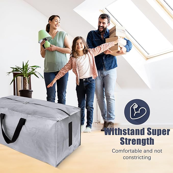 Homesure 12 Pack Large Strong Moving Bags with Zippers & Carrying Handles - Water-Resistant - Heavy Duty Storage Tote for Space Saving Moving Storage, Fold Flat, Alternative to Moving Box (Silver)