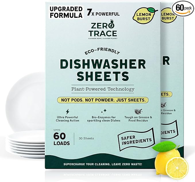 Zero Trace Dishwasher Detergent Eco-Friendly Sheets for Dish Washing - Plant Powered Technology - Lemon Scent - 60 Loads