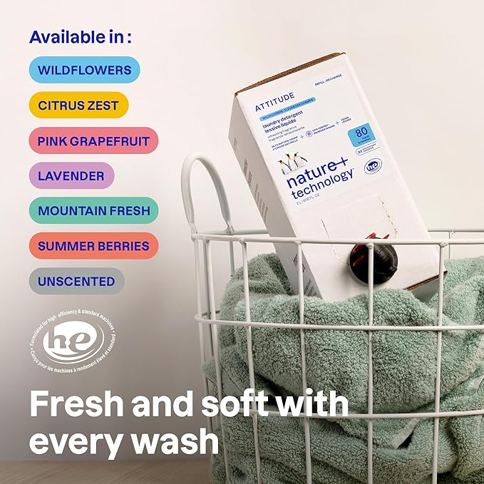 ATTITUDE Liquid Laundry Detergent Refill, EWG Verified, HE Compatible, Plant-Based & Vegan, Natural Laundry Soap, Wildflowers Scent, 80 Loads, 67.6 Fl Oz