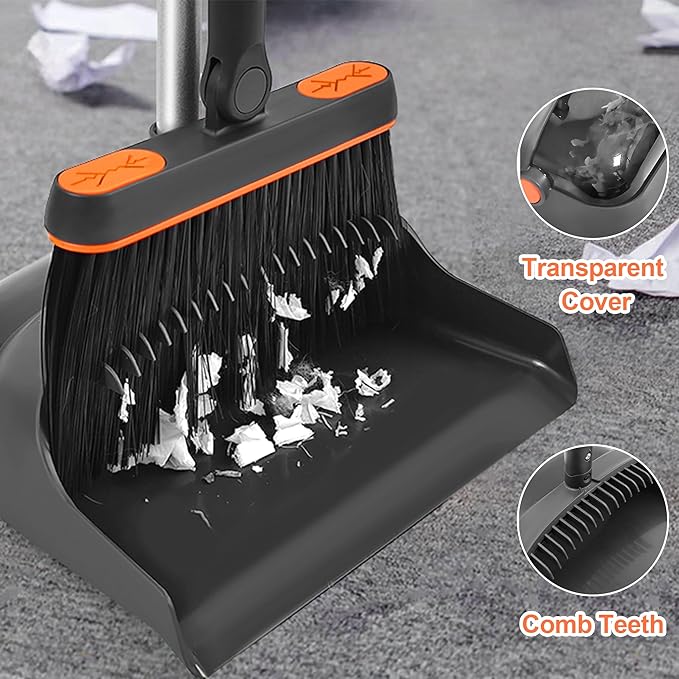 Broom with Dustpan Combo Set, 54'' Extendable Long Handle Broom, 180 Degree Rotating Brush Indoor Sweeping, Dustpan with Comb Teeth, Ideal for Home, Kitchen, Lobby, and Office