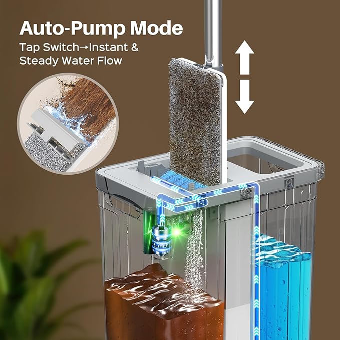 Mop and Bucket Set with AUTO Pump, 3-Zone Separate Dirty and Clean Water, Flat Mop and Bucket System with Wringer and Wheels, 4 Reusable Microfiber Pads, One-Touch Water Filling for Home Cleaning