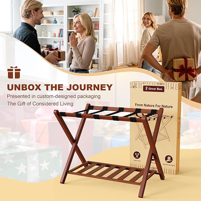 26.77"L Luggage Rack, Walnut Luggage Rack for Guest Room, Bamboo Folding Suitcase Stand with Storage Shelf, 5 Nylon Straps, Heavy Duty Luggage Holder for Bedroom Hotel, 1 Pack, Gift Box Packaging