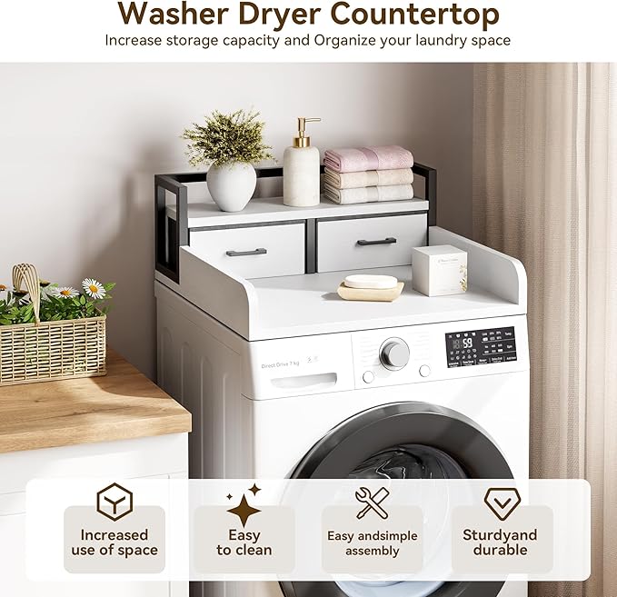 2-Tier Washer Dryer Countertop, Washing Machine Countertwith Shelf and 2 Drawers, Washer and Dryer Topper with High Guardrails, Smooth Edges, for Laundry Hamper Counter Storage Organization