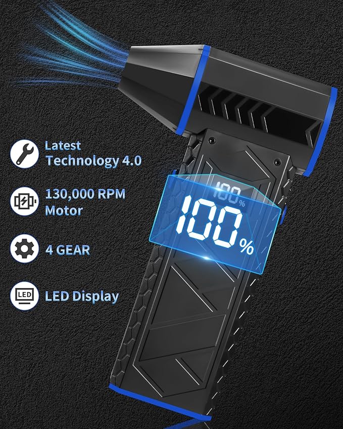 Compressed Air Duster- 4 Speeds Adjustable Electric Air Duster with Digits Display LED Lights,One Charge for 100 Mins, Rechargeable Cordless Air Blower for Keyboard, PC, Car, Home and Outdoor