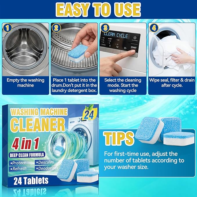 Sugelary Washing Machine Cleaner Tablets 24-Pack, Deep Clean Descaler for Front Loader and Top Load Washers, Washer Cleaner Help Clean Inside Drum and Laundry Tub Seal