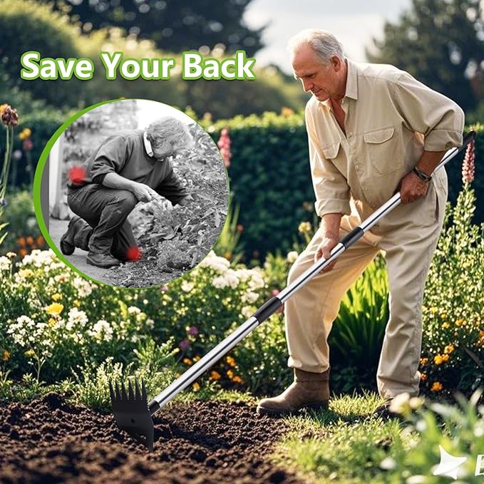 Weed Puller Tool with Long Handle, Hoe Garden Tool Weeding Rake Combo for Uprooting, Garden Hoe, Weed Remover Manual Hand Weeder for Yard Flower Bed
