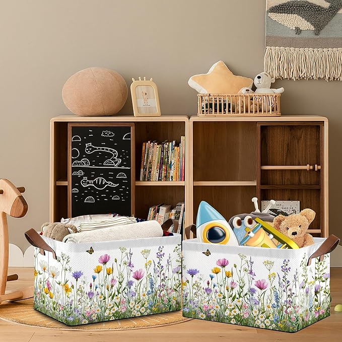 Wildflowers Butterfly Storage Baskets,Garden Herb Flower Foldable Large Capacity Organizer Bins with Waterproof Lining and Leather Handles for Closet,Shelf,Bedroom 17x11.5x10Inch