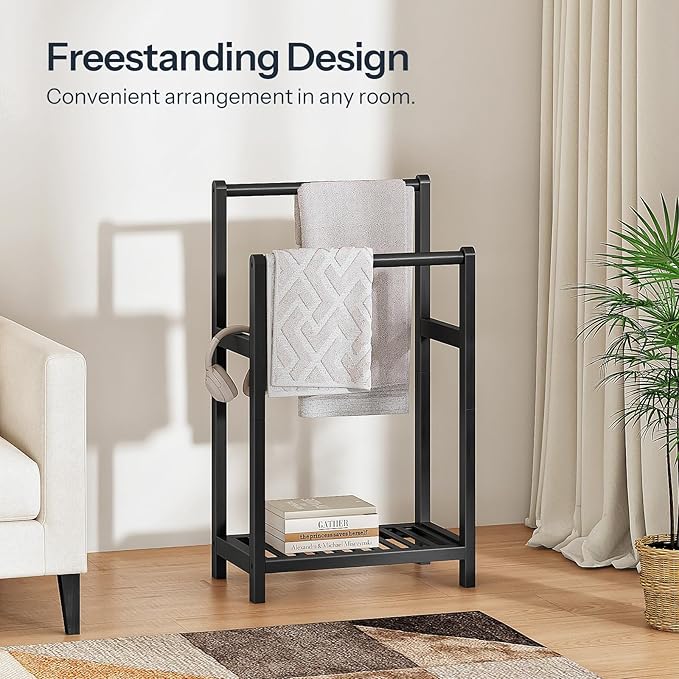 HOOBRO Freestanding Towel Rack for Bathroom, 2 Tier Decorative Bamboo Blanket Rack, Quilt Display Stand with Storage Shelf, 16.5" L x 9.4" W x 30.5" H, Bedroom, Living Room, Black BK02LB01