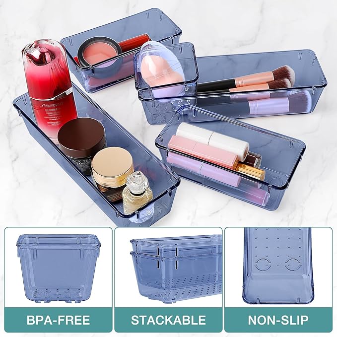 StorMiracle 10 PCS Drawer Organizer Set, 5 Varied Size Bathroom and kitchen Drawer cabinet organizer Trays, Clear Storage Bins for Makeup, Jewelry, Utensils and Gadgets, Dark Blue