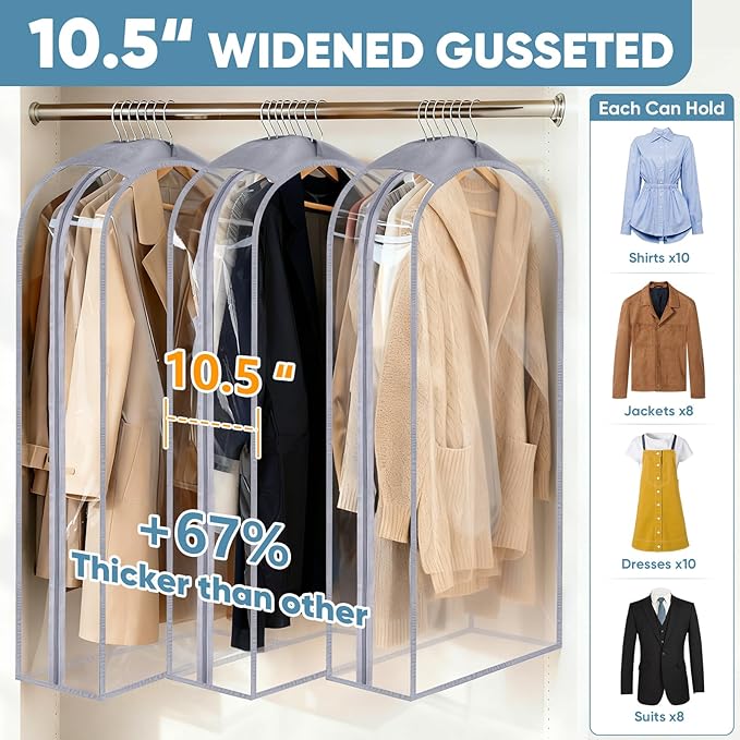 BALEINE 60'' Clear Garment Bags, 10.5'' Wide PEVA Suit Bag for Closet Clothes Dresses Suit Coats Storage (Clear, 3PK)