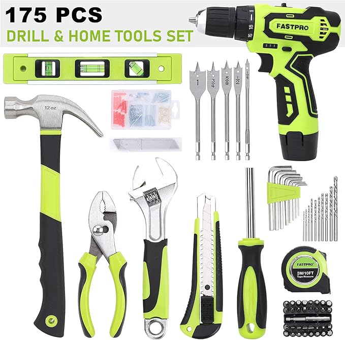 FASTPRO 175-Piece 12V Cordless Drill Set, Drill Driver and Home Tool Kit, House Repairing Tool with 12-Inch Storage Bag, For DIY, Home Maintenance, Green