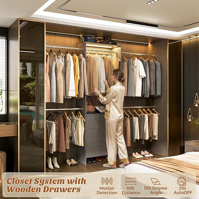 Aheaplus Closet System with Motion-Sensing Light, 3 Wooden Drawers and 4 Hanging Rods, Customizable Walk-in Closet Organizer with 3CCT LED, Heavy Duty Garment Rack for Bedroom,Grey