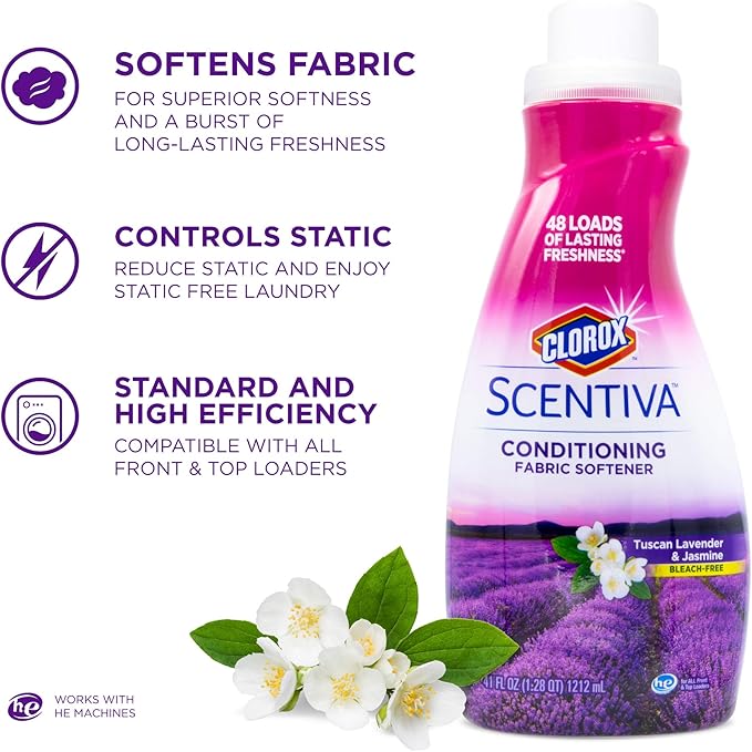 Clorox Scentiva Laundry Care, Liquid Fabric Softener Fabric Conditioner - Beautiful Tuscan Lavender & Jasmine Scent - Leaves Behind a Great Smell - 41 Fluid Ounce Bottle (Pack of 2)