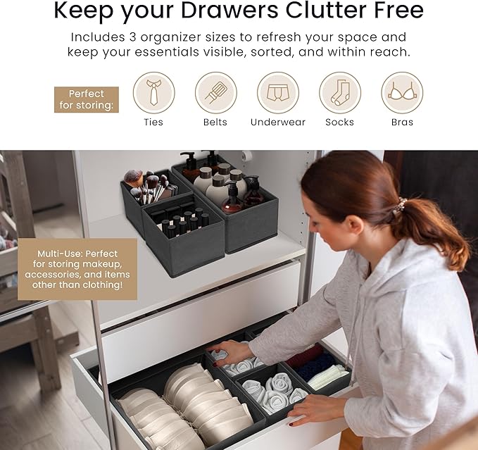 Reli. Drawer Organizer Clothes (14 Pack) | Dresser Organizer for Clothing | Drawer Bins for Bras, Nursery, Baby Clothes, Underwear, Socks | Foldable Fabric Dresser Storage Dividers (Gray)