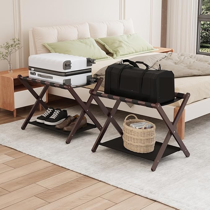 Smuxee Brown Bamboo Luggage Rack Pack of 2, Foldable Suitcase Stand with Storage Shelf, Easily Assembled Luggage Stand with 5 Nylon Straps for Guest Room Bedroom Hotel