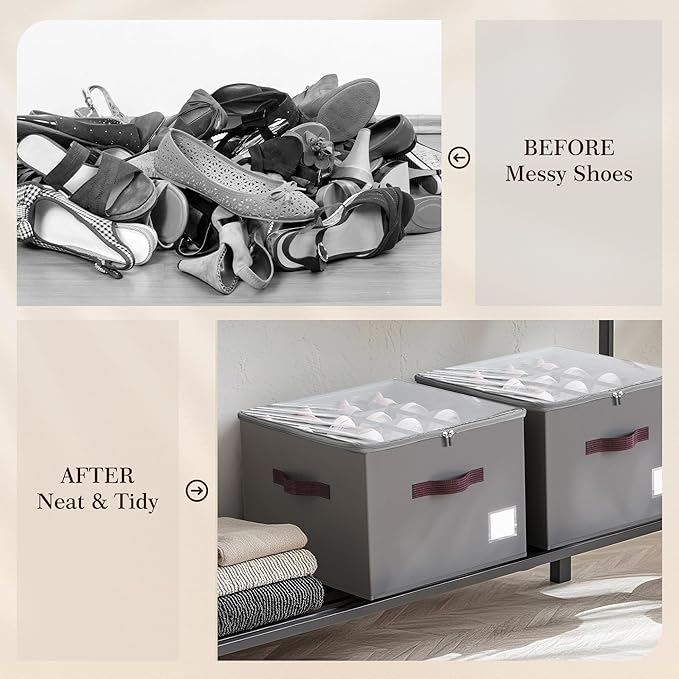 Criusia Shoe Organizer for Closet, 3 Pack Shoe Organizer with Transparent Cover and Sturdy Handles, Closet Shoe Storage for Sneakers Sandals Slippers, Fit 12-16 Pairs, Gray