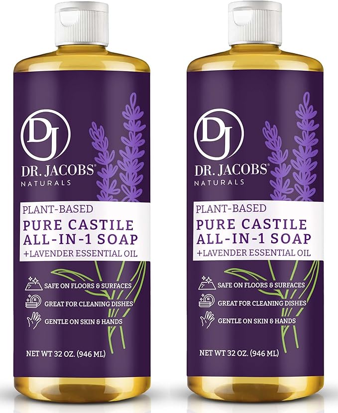 Dr. Jacobs Naturals Lavender Castile All-in-One Cleaner and Soap - Plant-Based Formula for House Cleaning Floors and Appliances - Gentle on Skin and the Planet - 32 oz, 2 Pack