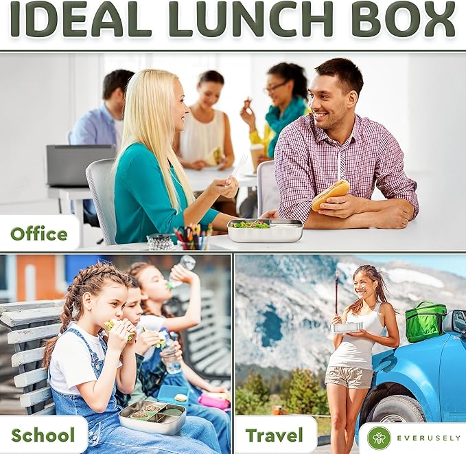 Everusely - Bento Box - Sage, 60oz / 1.8 L - Extra Large Stainless Steel Lunch Box + Leakproof Condiment Container - 3 Compartment Snack Organizer for On the Go Meals - Freezer & Dishwasher Safe