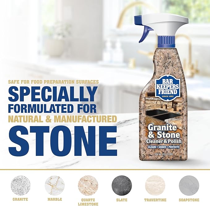 Bar Keepers Friend Stone & Granite Cleaner and Polish (25.4 oz) Plus 1 Microfiber Cloth, 2pc Cleaning Kit, Multi Surface Cleaner for Use on Natural, Manufactured & Polished Stone Countertops