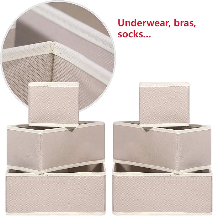 DIOMMELL 12 Pack Foldable Cloth Storage Box Closet Dresser Drawer Organizer Fabric Baskets Bins Containers Divider for Clothes Underwear Bras Socks Lingerie Clothing, Beige 444