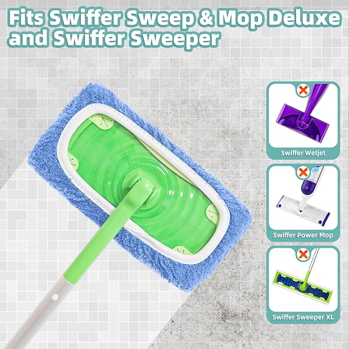 Reusable Mop Pads Compatible with Swiffer Sweeper Mop, Microfiber Dry Sweeping Cloths & Machine Washable Wet Pads Refill for Use on All Sealed Floors - Stone, Hardwood, Laminate & Tile (3 Blue)