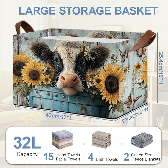 Wooden Highland Cow Storage Baskets,Butterfly Sunflower Foldable Large Capacity Organizer Bins with Waterproof Lining and Leather Handles for Closet,Shelf,Bedroom 17x11.5x10Inch