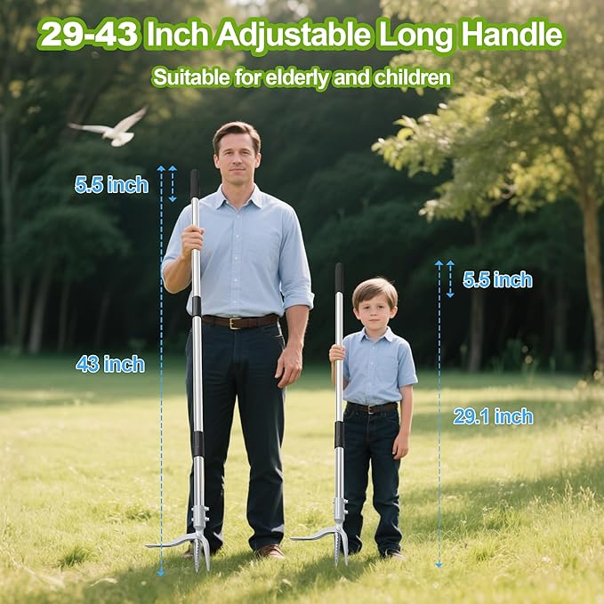 Weed Puller Tool with Gloves, Manual Stand Up Weeding Picker Tool, Heavy Duty Weeder Remover Tool with 4 Claw Steel Head for Garden, Yard, Lawns, Sidewalk, Grass