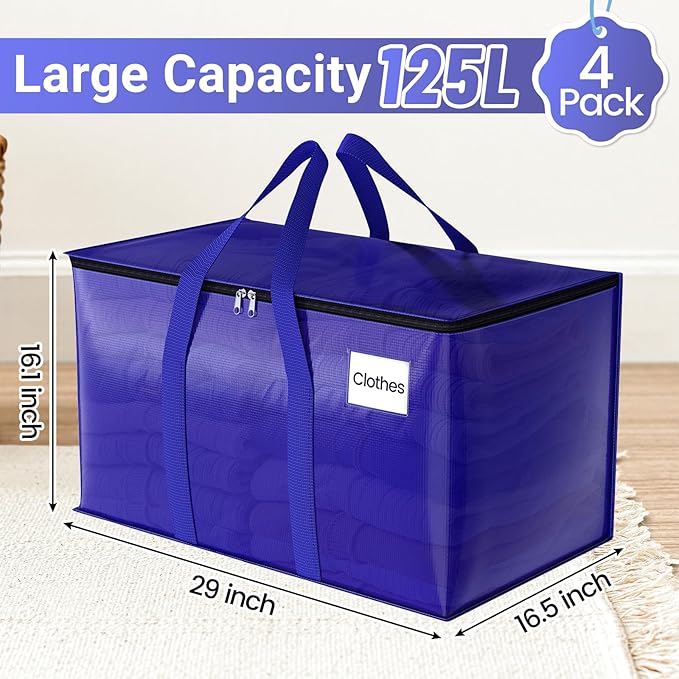 FabSpace Moving Storage Bags, Moving Supplies Packing Boxes for Moving, Camping, College Dorm Room Essentials for Girls, Blue Tote Bags, Heavy-Duty Storage Bins With Lids And Zippers, 125L 4 Pack
