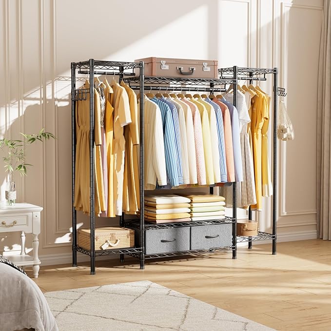 Golpart Coat Rack Clothes Wardrobe：Closet Organizer and Storage Clothing Garment Rack with Shelves Heavy Duty for Hanging Clothes Portable Adjustable Black 15.8" DX56.8 WX76.5 H