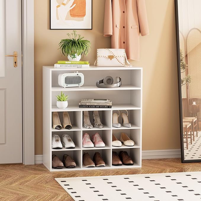 Garden 4 you Shoe Rack Organizer, 5-Tier Wood Cubby Shoe Rack with 2 Storage Shelf and 9 Cubbies, Shoe Organizer Cabinet for Entryway, Hallway, Closet and Garage, White
