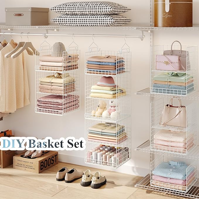 Yuyetuyo ﻿5 Tier Hanging Closet Organizer Separable Hanging Closet Shelves with 4 Hooks 2 Adjustable Dividers, Wire Storage Basket Bins for Clothing Sweaters Socks Dolls Handbags, Foldable