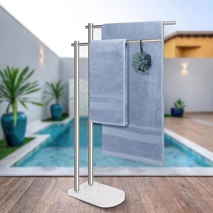 Livabber Standing Towel Rack, 304 Stainless Steel 2-Tier Towel Holder Stand with Marble Base, Modern Stylish Tall Shower Towel Bar for Bathroom Accessories, Pool（Brushed Nickel）