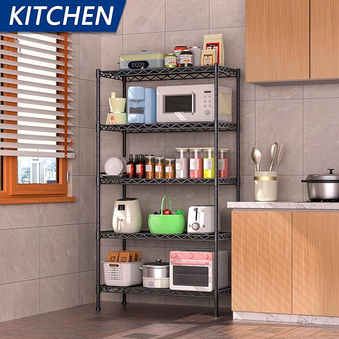 Soywey 5-Shelf Adjustable Heavy Duty Storage Shelving Unit, Metal Organizer Wire Rack for Laundry Bathroom Kitchen Pantry Closet, Black