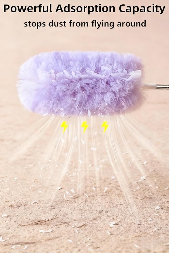 Heavy Duty Duster Refills, Disposable Dusters Kit for Cleaning Dusting Furniture Blind Ceiling Fan, Multi Surface 360 Feather Duster(10)+3FT Extended Handle（1） (pueple)