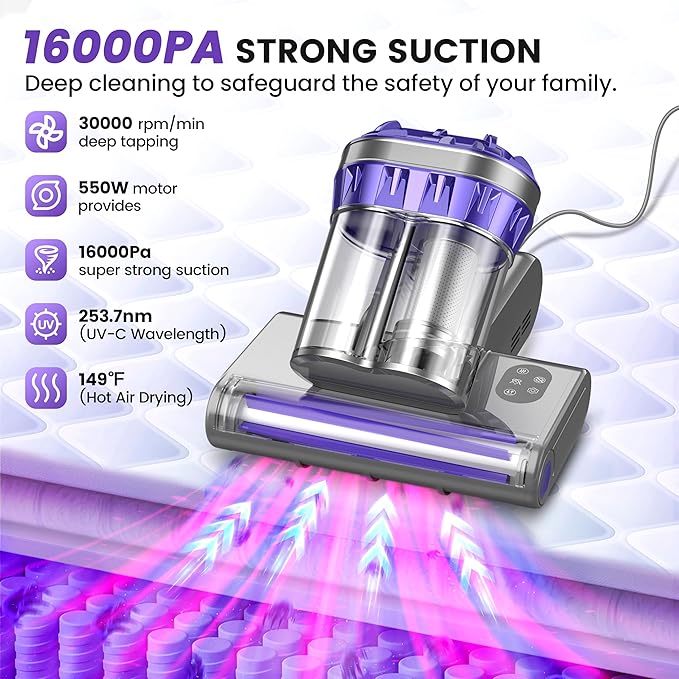 Mattress Vacuum Cleaner, Handheld Bed Vacuum Cleaner with 16Kpa Suction, 253.7nm UV-C Light, 149℉ Hot Air, Double-Cup Handheld Vacuums for Bed, Sofa, Couch, Crib (Corded, 550W)