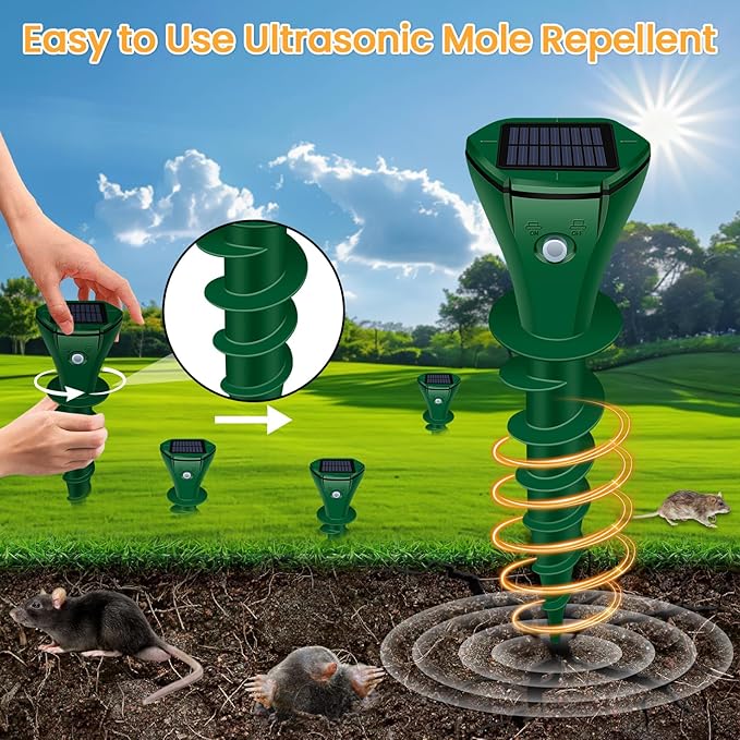 Solar Mole Repellent Ultrasonic, Vole Repeller with 3 Modes & IP65 Waterproof, Gopher & Snake Repellent for Lawn Garden Farm, 5000 SqFt Coverage for Moles Gophers Voles Snakes Groundhogs, 2 Pack